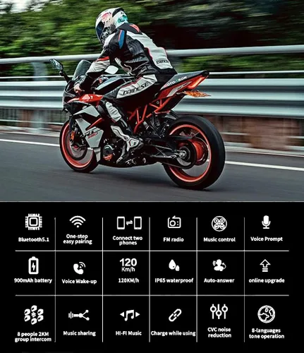 Miniatura 2 de Kit de intercomunicador Bluetooth para casco de motocicleta, casco de motocicleta con cancelación de ruido DSP/CVC, intercomunicador de casco de 8