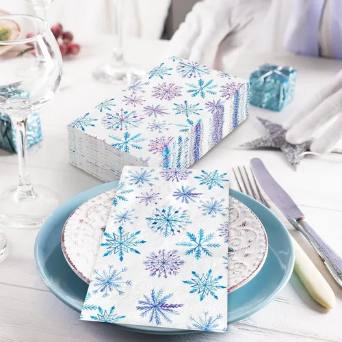 Miniatura 3 de 80 servilletas de Navidad con copos de nieve desechables de papel de copos de nieve azules y morados, servilletas decorativas de Navidad