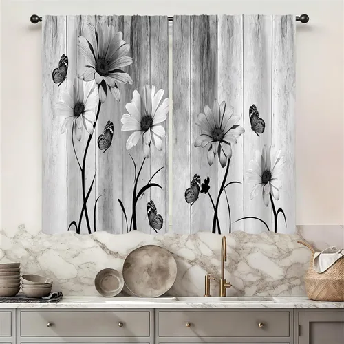 Miniatura 28 de Cortinas de cocina vintage retro de madera, con bolsillo para cortinero, 27.5 pulgadas de ancho x 39 pulgadas de largo, 2 paneles de flores blancas