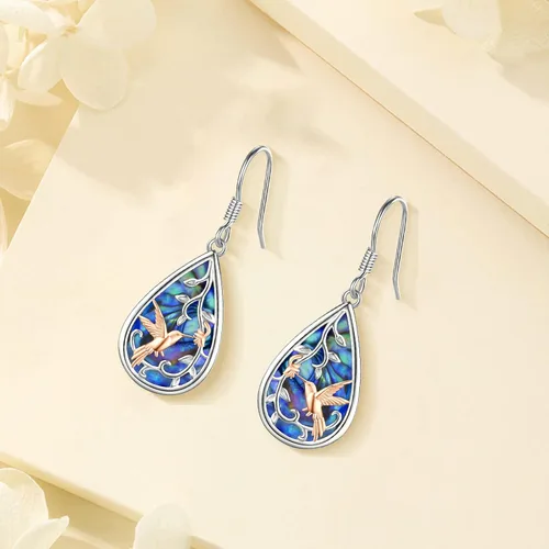Miniatura 85 de Aretes colgantes de plata de ley con diseño de árbol de la vida, flor, abeja, animales, gato, colibrí, piedra lunar, turquesa, aretes con cierre