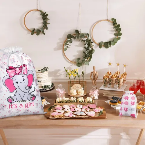 Miniatura 7 de Sadnyy 4 bolsas de regalo para baby shower, grandes elefantes rosas con cordón de tela, para baby shower, cumpleaños infantil, fiesta de revelación