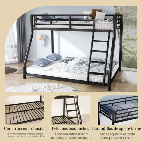 Miniatura 4 de Litera de metal, litera individual sobre matrimonial con barandilla de seguridad y escalera, literas resistentes tamaño individual sobre matrimonial