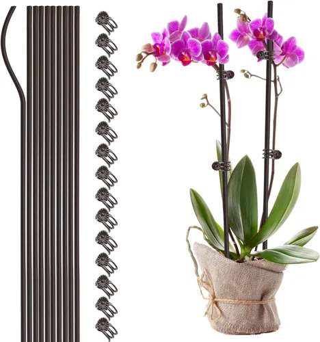 Miniatura 10 de Juego de 10 estacas de metal para plantas de jardín con 15 clips de fijación de vid, estacas de flores de un solo tallo de 15.75 pulgadas de alto