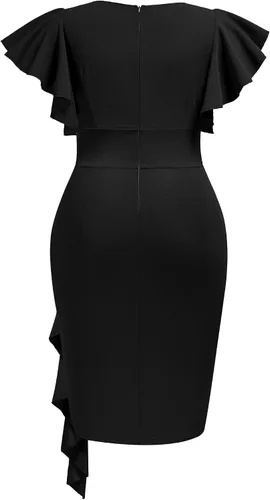 Miniatura 2 de Miusol Vestido de tubo vintage con cuello en V para mujer, manga con volantes, para negocios, cóctel, fiesta, talla grande