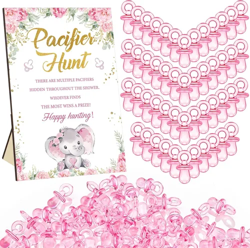 Miniatura 15 de Thyle Juego de 51 piezas de chupete de caza para baby shower, incluye signo de caza y 50 chupetes acrílicos para decoración de juegos de baby Rosa