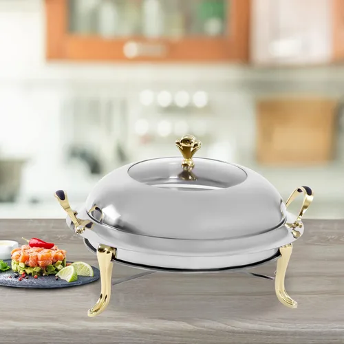 Miniatura 8 de Plato redondo para rozar, bandeja calentadora de bufé de acero inoxidable de 3.17 cuartos de galón con tapa y soporte de combustible para cocina