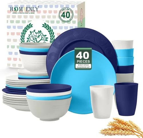 Miniatura 20 de Homienly Juegos de Vajilla Premium de Paja de Trigo, Platos y Tazones Ligeros e Irrompibles, Tazas, Servicio para 4, Apto para Lavavajillas