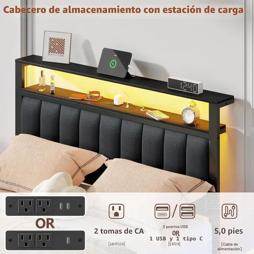Miniatura 7 de Furnulem - Base de cama tamaño matrimonial con estación de carga y luces LED, plataforma con listones de metal, cabecera tapizada gris con estantes