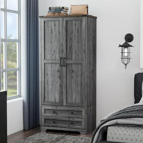 Yechen Armario de 180 cm de madera - Moderno y funcional, armario alto con almacenamiento para ropa, con estante ajustable y barra para colgar,