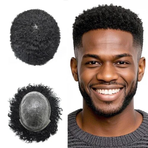 Miniatura 9 de FNY HAIR Afro Curl Toupee para hombres negros, sistema de reemplazo de piezas de cabello 100% humano, piel duradera, inyectada de PU, prótesis de 1#