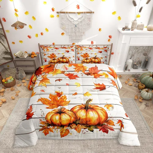 Miniatura 40 de Erosebridal Juego de edredón individual de pavo de Acción de Gracias, juego de ropa de cama de calabaza con hojas de otoño para niños y adultos