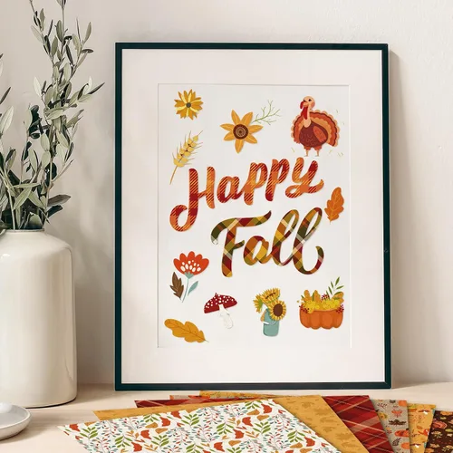 Miniatura 7 de Whaline 24 piezas de papel de otoño con patrón de Acción de Gracias, hojas de otoño coloridas a cuadros de calabaza a cuadros de doble cara, papel