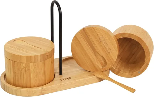 Miniatura 10 de HTB Salero de bambú con cuchara mini, caja de sal de cocina con tapa de cierre magnético giratoria, recipiente redondo de sal para guardar pimienta