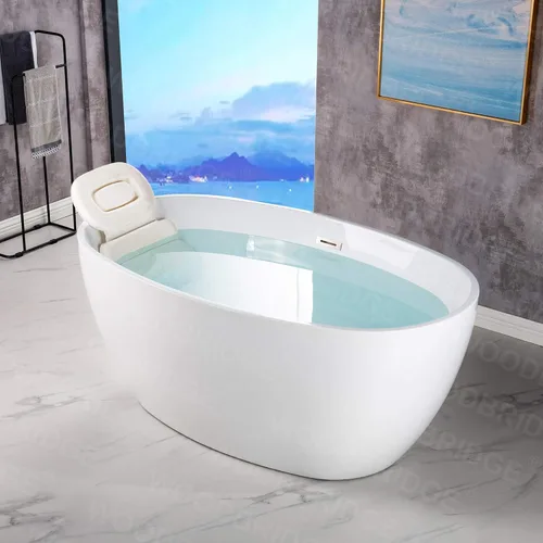 Miniatura 3 de WOODBRIDGE Bañera de acrílico independiente de 55 pulgadas, bañera blanca de remojo contemporáneo con desbordamiento y drenaje de níquel cepillado