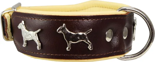 Collar de perro acolchado de cuero suave de cuero real, Bull Terrier, 1.75 pulgadas de ancho. (Cuello de 13 a 15.25 pulgadas, marrón/beige)