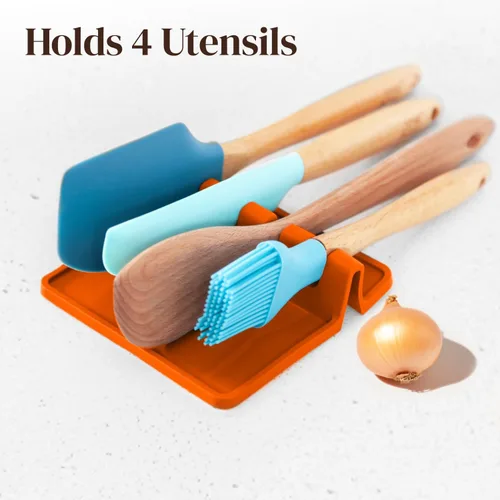 Miniatura 8 de Soporte de cuchara de silicona naranja para estufa con almohadilla de goteo (paquete de dos) – Resistente al calor sin BPA y soporte para cuchara