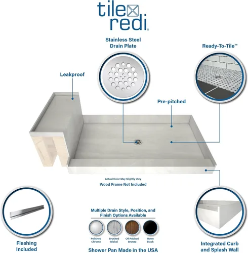 Miniatura 6 de Tile Redi P3048C-RB30-KIT Plato de Ducha y Banco con Desagüe Central - Base de Ducha de Bordillo Único, Banco, Desagüe de PVC de 2" y Placa
