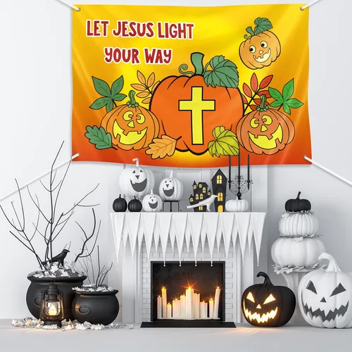 Miniatura 5 de Preboun 3 carteles de telón de fondo de calabaza cristiana de Halloween para fiestas, 40 x 60 pulgadas, decoración religiosa de tronco o trato