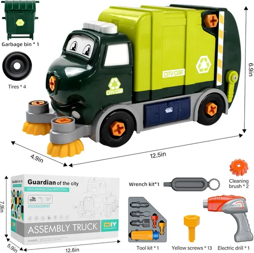 Miniatura 5 de Juguetes de camiones desmontables con taladro eléctrico, juego de camiones de limpieza de ciudad eléctrico DIY, juguetes de camiones de basura