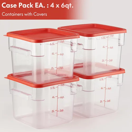 Miniatura 2 de CURTA Paquete de 4 recipientes de almacenamiento de alimentos con tapa roja - Grado comercial NSF en 5.7 L - Cuadrado, transparente, policarbonato