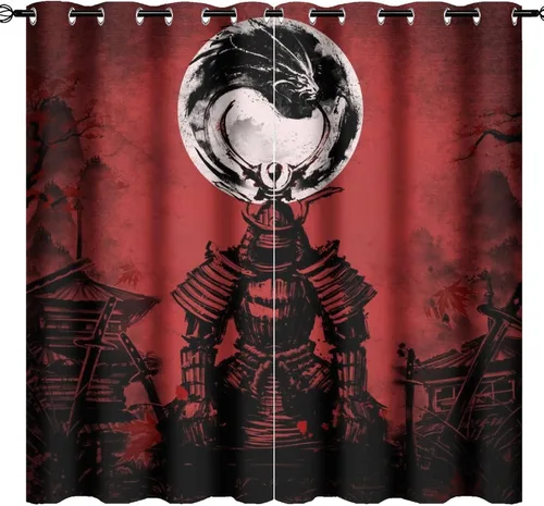 Miniatura 24 de Cortinas opacas abstractas japonesas samuráis para dormitorio, caballo samurái rústico, rojo, ojal, aislamiento térmico, cortinas de oscurecimiento