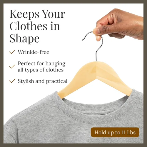 Miniatura 5 de Perchas de madera para ropa, paquete de 10 perchas de madera natural, ranuras y muescas antideslizantes para los hombros, gancho cromado giratorio