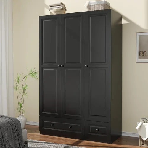 Armario Armario con cajones: armario de dormitorio de 74 pulgadas para ropa colgante, armarios negros con puertas, armario moderno con estantes