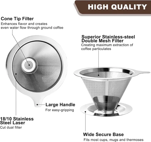 Miniatura 4 de ANNMEXX Filtro de café para verter mejorado, gotero de café, filtro de café de acero inoxidable sin papel, fácil de usar y limpiar, para una a dos