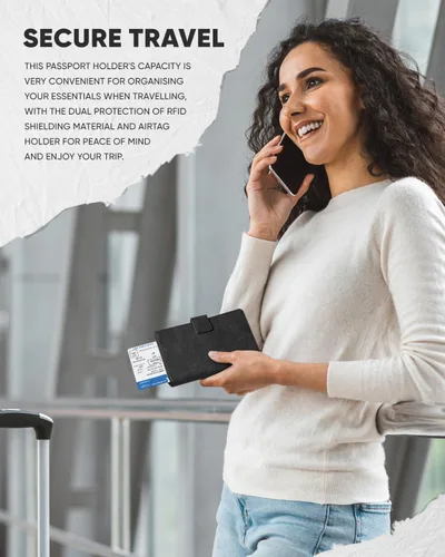 Miniatura 2 de VULKIT Cartera de pasaporte compatible con Airtag Holder Bifold Travel Card Holder, Negro
