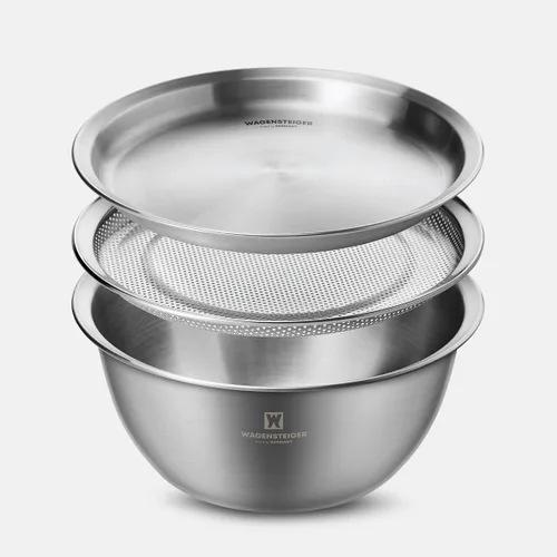WAGENSTEIGER Juego de 3 cuencos de acero inoxidable con colador y bandeja de drenaje de aceite, cuencos de preparación y horneado con marcas de