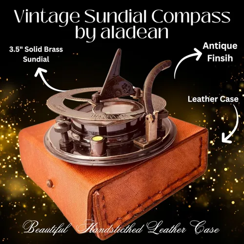 Miniatura 2 de Brújula de reloj de sol de aniversario de latón cobre reloj de sol náutico vintage bronce 7th 8th boda cuero caso (reloj de sol clásico 3.5 pulgadas)