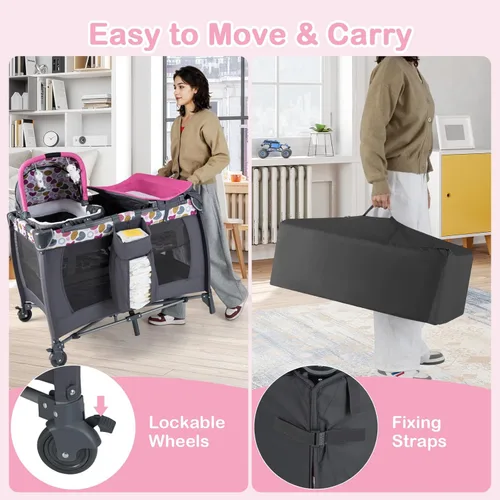 Miniatura 8 de HONEY JOY Empaca y juega con el moisés, paquete central de guardería infantil y juega con cuna y juguetes colgantes para recién nacidos, bolsa