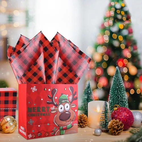 Miniatura 7 de MIAHART 60 hojas de papel de seda de Navidad de 14 x 20 pulgadas, estilos de búfalo, color rojo y negro, papel de seda para envolver regalos