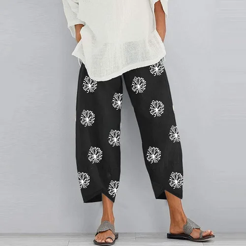 Miniatura 2 de Pantalones Capri de Lino de Algodón para Mujer 2025, Pantalones Palazzo Recortados Casuales con Estampado, Cintura Elástica, Pantalones Holgados