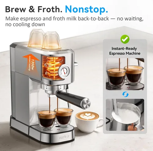 Miniatura 5 de XIXUBX Máquina de café espresso de 20 bares, compacta de acero inoxidable con espumador de leche y jarra de espuma de leche, cafetera para capuchino