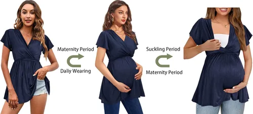 Miniatura 2 de OUGES 2024 - Camisetas de maternidad para mujer, manga corta, cuello en V, lazo en la espalda, ropa de maternidadtúnica casual para embarazo