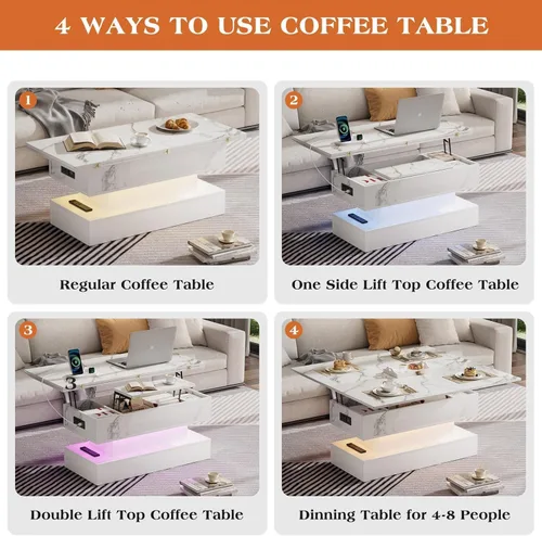 Miniatura 7 de SYESWAY - Mesa de centro con tapa elevable de 39.4 pulgadas con estación de carga, mesa central con diseño de mármol brillante con compartimento