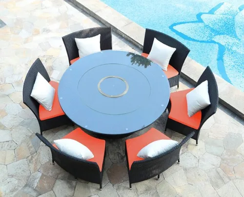 Miniatura 9 de Manhattan Comfort Nightingdale - Juego de comedor para exteriores de 7 piezas con cristal redondo Lazy Susan, incluye 6 sillas de ratán, cojines