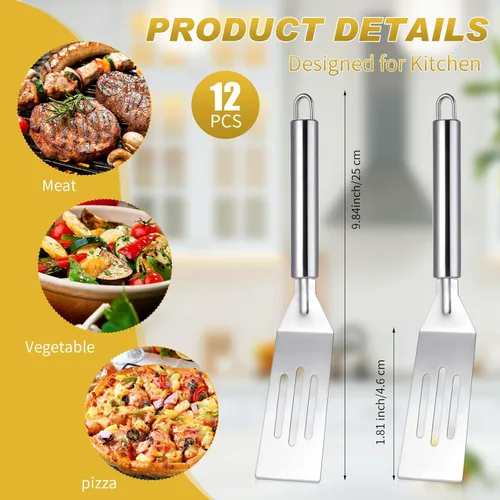 Miniatura 2 de Ramede 12 espátulas pequeñas de metal de acero inoxidable ranuradas fritas de 9.84 pulgadas, utensilio de cocina antiadherente flexible para cocina