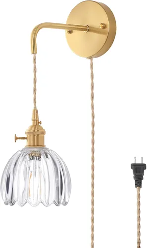 Miniatura 15 de Shenmoyl Candelabro de Pared Operado por Batería con Soporte de Cadena Ajustable, Patrón de Tulipán Verde, Vidrio con Diseño Retro en Oro, Lámpara