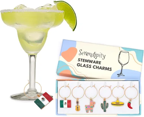 Miniatura 3 de Amuletos de copa de vino de México, idea de regalo mexicana, decoración de fiesta, juego de 6 amuletos incluye: piñata, bandera mexicana, pimiento