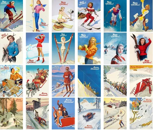 Miniatura 2 de PIXILUV Postales vintage (24 piezas 4"x6" cada una) Personas esquiando en montañas nevadas en Navidad Postales vintage de Navidad Tarjeta
