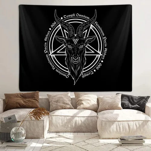Miniatura 4 de Tapiz de pentagrama satánico para dormitorio, estatua de Baphomet, cabeza de cabra, calavera, tapices paganos para colgar en la pared para Negro