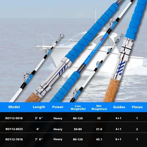 Miniatura 7 de Fiblink Caña de pescar de agua salada, caña de arrastrar resistente para barco convencional, barra de pie de mar profundo con guías de rodillos