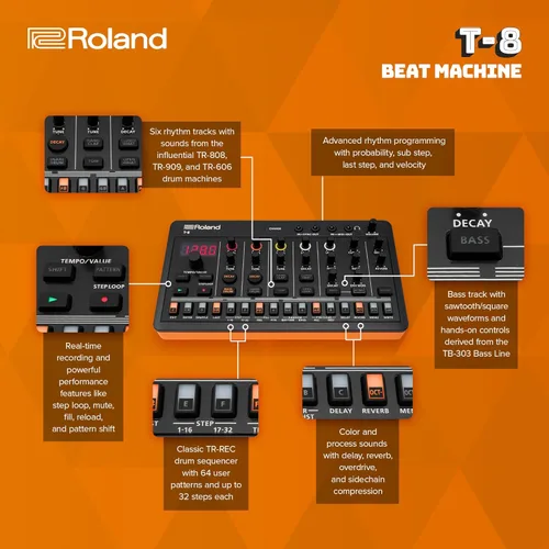 Miniatura 4 de Roland AIRA Compact T-8 BEAT MACHINE Máquina de ritmo y bajo ultraportátil con sonidos Roland genuinos Secuenciador de batería TR-REC Seis