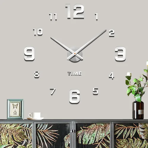 Mintime Reloj de Pared Moderno sin Marco DIY Grande 3D Reloj de Pared Espejo con Números para Decoración de Hogar y Oficina Plata