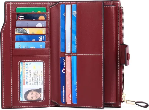 Miniatura 3 de SENDEFN Carteras de cuero para mujer, con bloqueo RFID, tarjetero con bolsillo con cremallera, rojo (3-red), Cartera de gran capacidad