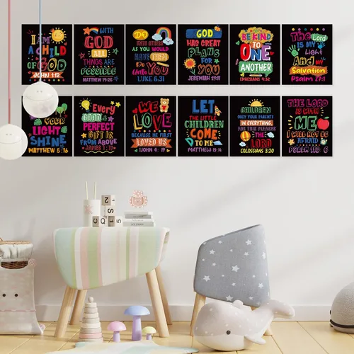 Miniatura 5 de Cinrobiye 12 carteles con versículo bíblico para niños, arte de pared cristiano inspirador con citas de las Escrituras, decoración religiosa