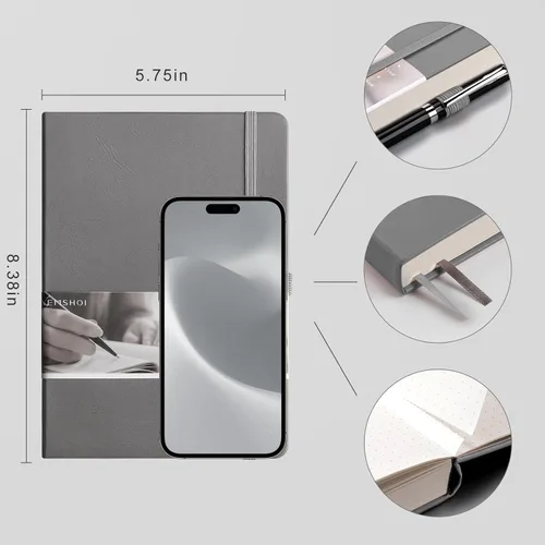 Miniatura 4 de EMSHOI Cuaderno de puntos - 256 páginas A5 con cuadrícula de puntos, papel punteado grueso de 120gsm, 16 páginas perforadas, tapa dura de piel Gris