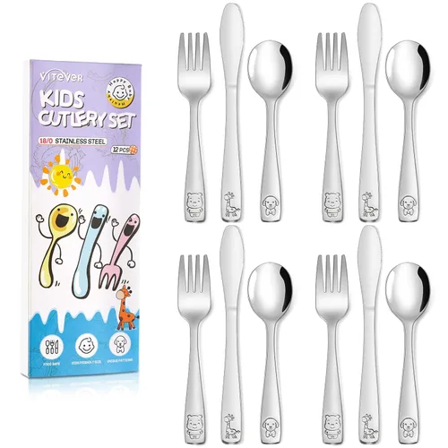 VITEVER Juego de cubiertos de acero inoxidable para niños, 12 piezas, tenedores, cucharas y cuchillos seguros para niños, pulido con espejo, apto